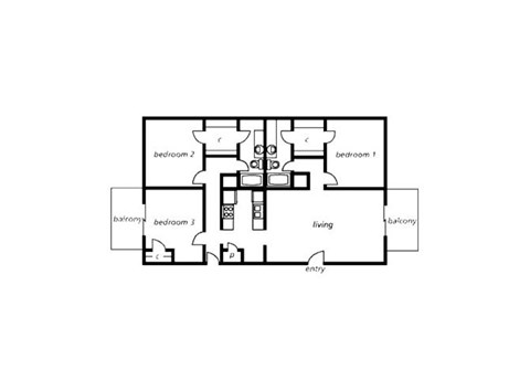 Floor plan for 3 beds, 2 baths, 1240 sqft